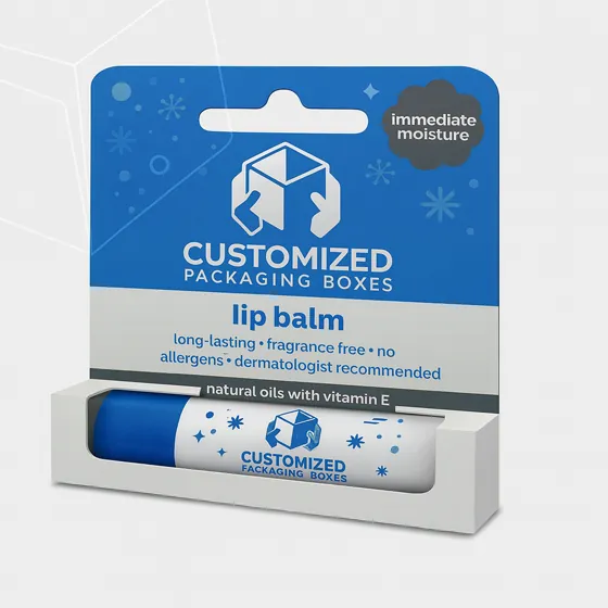A lip balm box with a product window, showcasing simple packaging for a beauty or personal care item.
